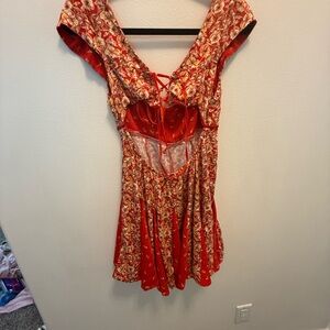 Free People Red Floral Lace-Up Chemise